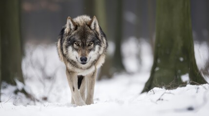 Naklejka premium Endangered gray wolf walking through snowy forest, symbol of wildlife conservation and natural habitat protection, majestic predator in winter wilderness scene