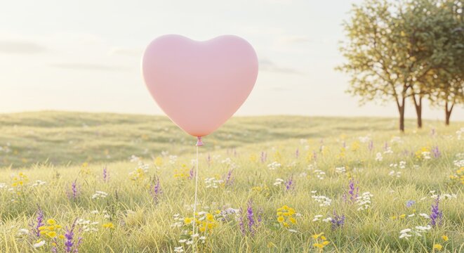 Pink heart balloon floating in a field of wildflowers with trees