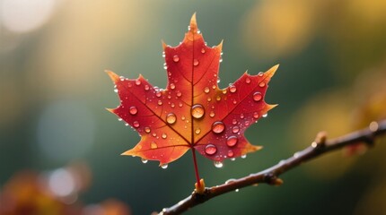Fototapeta premium Glistening dewdrops adorn a vibrant autumn maple leaf, symbolizing the beauty of nature's seasonal transformation