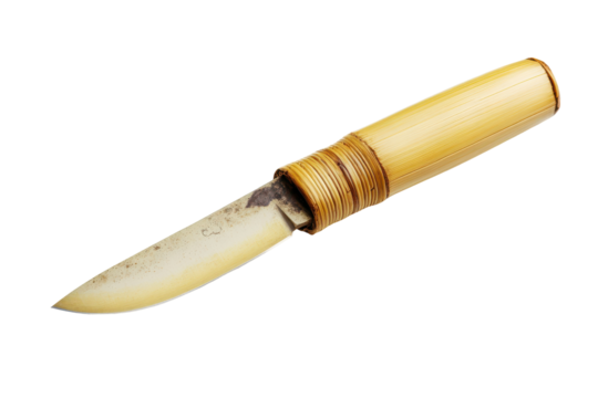 Handcrafted knife with bamboo handle isolated on transparent background. little bamboo knife isolated on white background.