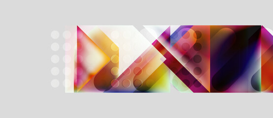 Abstract geometric composition. Colorful overlapping shapes create dynamic visual effect. Circles, squares, lines form modern design.