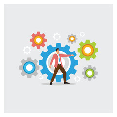 Business Leader Steering Growth Through Multicolored Gears, Cogwheels Optimize Process.