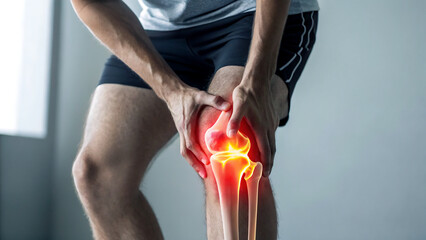 x ray of a knee joint, x ray of a human body, Man holds painful knees with glowing red-yellow bones. Injury joint pain concept. Athlete feels pain in patella. Health care nex ray image of a human body