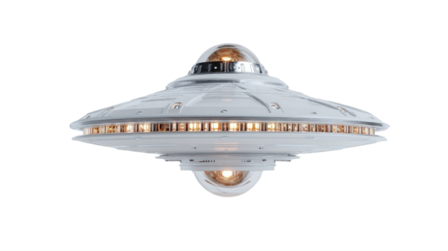 UFO spaceship flying saucer alien vehicle futuristic object cosmic mystery aviation technology isolated on white background
