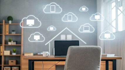Modern workspace with cloud computing icons on the wall.