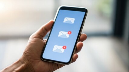 Hand holding a smartphone displaying unread email notifications.