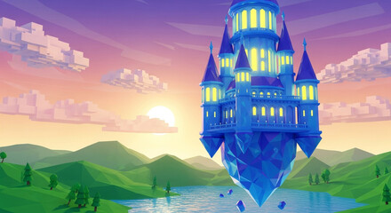 Floating island castle fantasy landscape digital art background for game design and wallpaper aesthetic