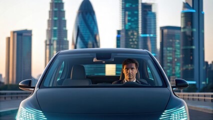 Sleek car with driver against a modern city skyline backdrop.