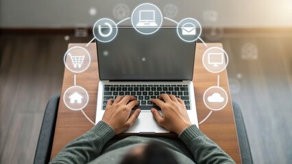 Person using a laptop with digital icons around it.