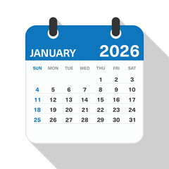 Monthly Calendar for January 2026. Blue Theme on White Background