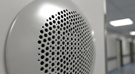 Modern round metal speaker grill on a wall in a corridor.