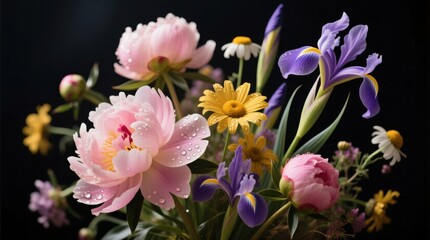 Fototapeta premium a vase filled with a variety of colorful flowers on top of a table, with water droplets glistening on the petals and leaves The background is a deep black color, c