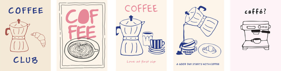 Collection of hand drawn coffee posters featuring doodle style illustrations of moka pot, espresso machine, cappuccino cups, latte art, croissant, and coffee quotes. Retro cafe design for barista menu