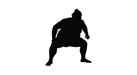 Dynamic silhouette of a sumo wrestler in a ready stance powerful athlete pose captured in black silhouette on white