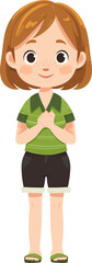 Cheerful child in green outfit standing happily with hands clasped isolated on transparent background. Vector illustration.