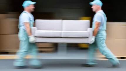 Movers carry a grey sofa through a warehouse in a bustling setting