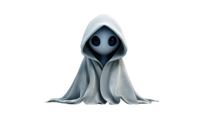 Spooky ghost wearing hood scary figure haunting spirit halloween costume dark shadow creepy character isolated on white background