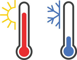 Thermometer icon set with temperature level indicators. Vector symbols for weather apps, websites, UI design. Hot, cold climate gauge. Goal fundraising progress meter icons.