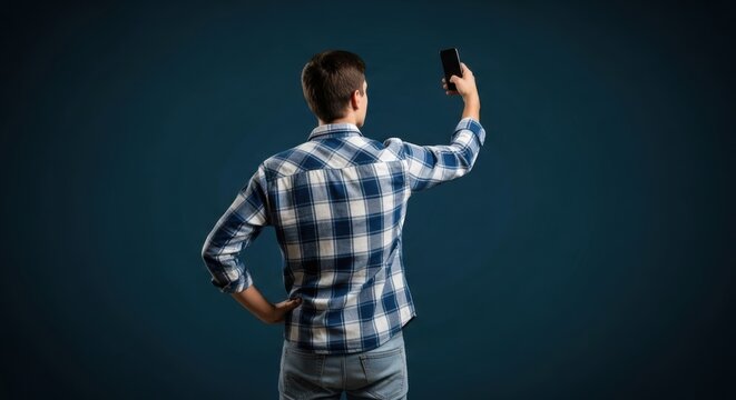 Man in plaid shirt taking selfie with smartphone showing digital interface - Powered by Adobe