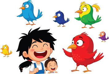 hildren with colorful birds, cartoon boy and girl smiling, playful friendship, joyful expressions, childhood wonder, animals, fun activity, lively illustration