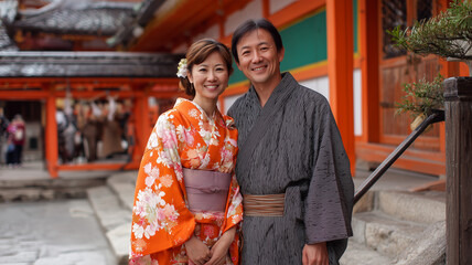 Fototapeta premium 日本人女性と日本人男性が神社前で笑顔で並ぶ和装ポートレート