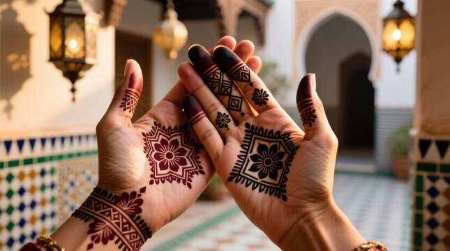  a woman with intricate henna tattoos on her hands in front of a building, illuminated by lights attached to the wall The background is slightly blurred, giving the