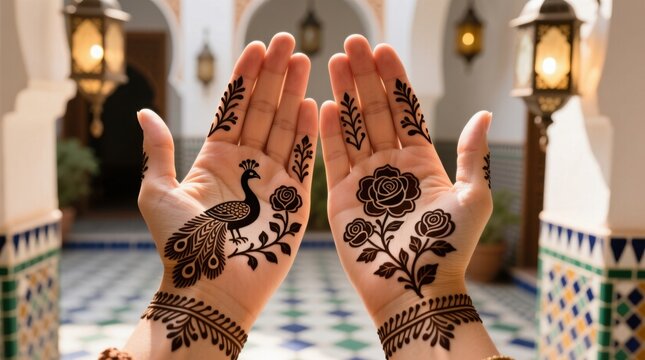 Elegant henna designs adorn hands against the backdrop of traditional Moroccan architecture, showcasing cultural artistry