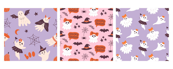 Halloween Cute Girly Ghost Seamless Pattern Set
