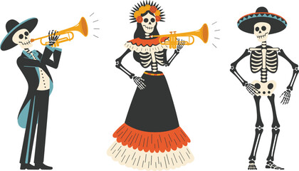Mariachi skeletons and dancing skeleton woman in traditional Mexican costumes, Day of the Dead celebration illustration, cultural festive art design
