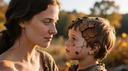 An intimate moment between two figures, with the child's head symbolically cracked open to reveal soil, evoking themes of nature and environmental awareness