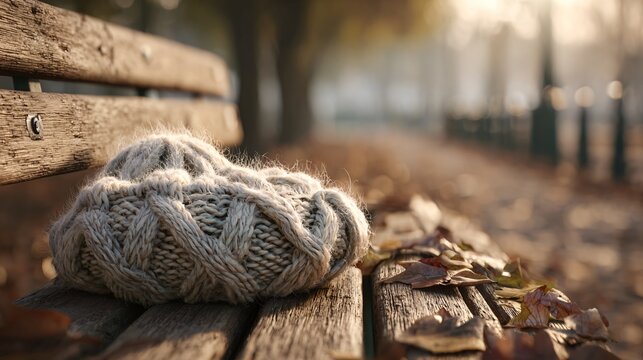 Cozy knitted hat rests on a weathered park bench amidst a carpet of fallen autumn leaves and soft, warm sunlight creating a serene, nostalgic mood. - Powered by Adobe