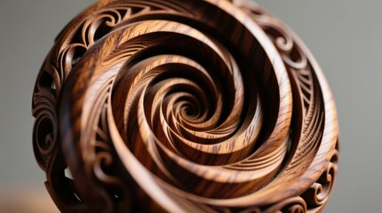 An intricately carved wooden spiral sculpture showcasing detailed craftsmanship and natural wood grain