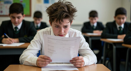 Nervous student holding exam paper at school desk with classmates in background, academic stress and performance anxiety