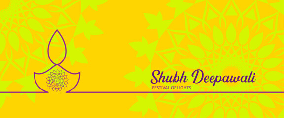 Diwali Festival of Lights Background with Bright Yellow Backdrop, Elegant Mandala Artwork, Glowing Decorative Elements, and Vibrant Indian Celebration Design for Greeting Card or Poster