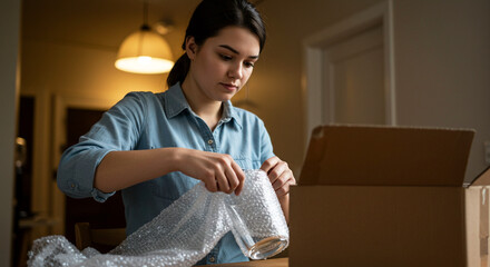 Woman packing glassware in bubble wrap at home, safe packaging and shipping