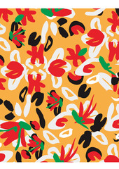 Modern Abstract Floral Vector Pattern Seamless in Red, White, and Black on Mustard Yellow