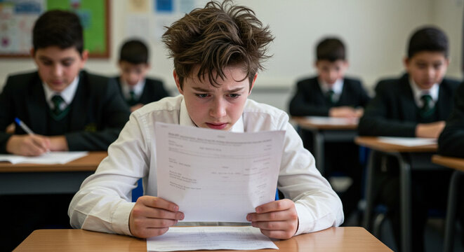 Nervous student holding exam paper at school desk with classmates in background, academic stress and performance anxiety
