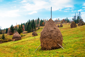 Breathtaking landscape with a haystack in the autumn mountains of the Carpathians.