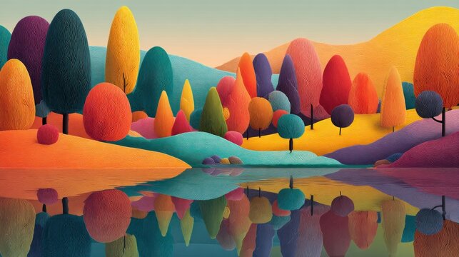 Blurred vibrant landscape background with colorful rolling hills, playful trees, and serene reflective water, dreamy whimsical mood, bright artistic tone with wide copy space for text.