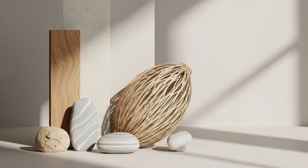Organic Still Life with Natural Textures, Stones, and Wood in Soft Sunlight