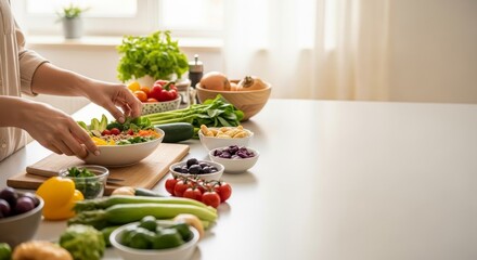 Hands Preparing a Vibrant and Healthy Vegan Salad Bowl with Fresh Ingredients in a Bright Kitchen