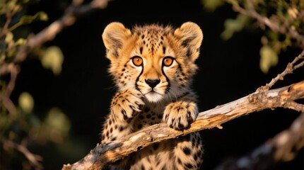 Obraz premium a cheetah cub perched atop a tree branch, surrounded by lush green leaves in the background