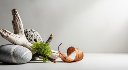 Serene Natural Elements Display: Driftwood, Stones, Moss, and Dried Leaf on a Minimalist Background.
