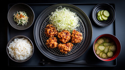 真上構図で黒卓上に配置したから揚げの定食を整然と見せる