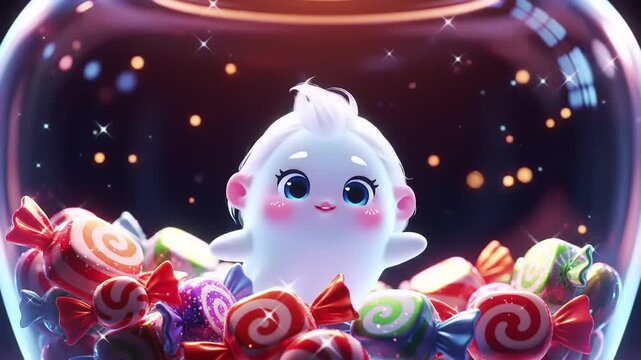 Cute cartoon ghost surrounded by colorful candies in glass jar, creating a whimsical and sweet Halloween scene.