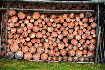 Original background of round firewood laid out vertically