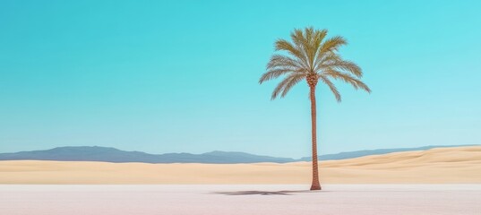 Fototapeta premium Tranquil Desert Oasis at Sunset, Palm Trees Silhouetted Against Colorful Sky, Peaceful Scene.