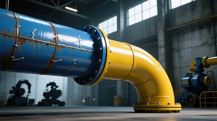 Naklejka premium a large blue and yellow pipe in a factory, with machines on the right side and a wall with windows in the background At the top of the image, there are lights illu