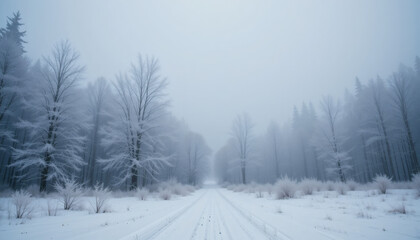 Fototapeta premium A foggy winter woodland with thick snow blanketing the ground