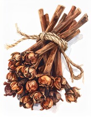 Obraz premium Watercolor Illustration of Brown Clove Bundle Tied with Twine on White Background Still Life